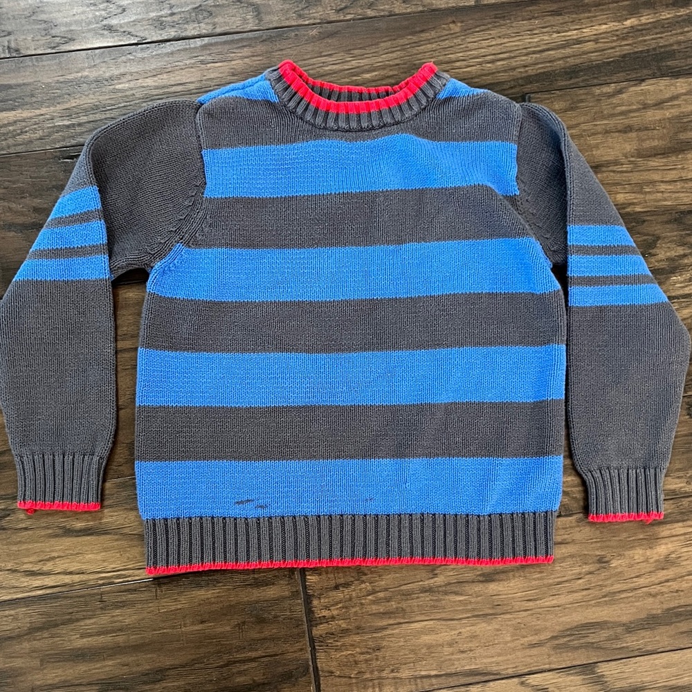 Hanna Andersson Gray and Blue Striped Sweater with Red Trim